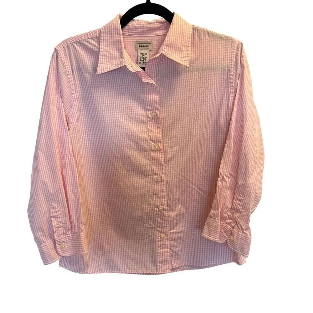 LL Bean women’s small pink gingham plaid button down 100% cotton 3/4 sleeve blou